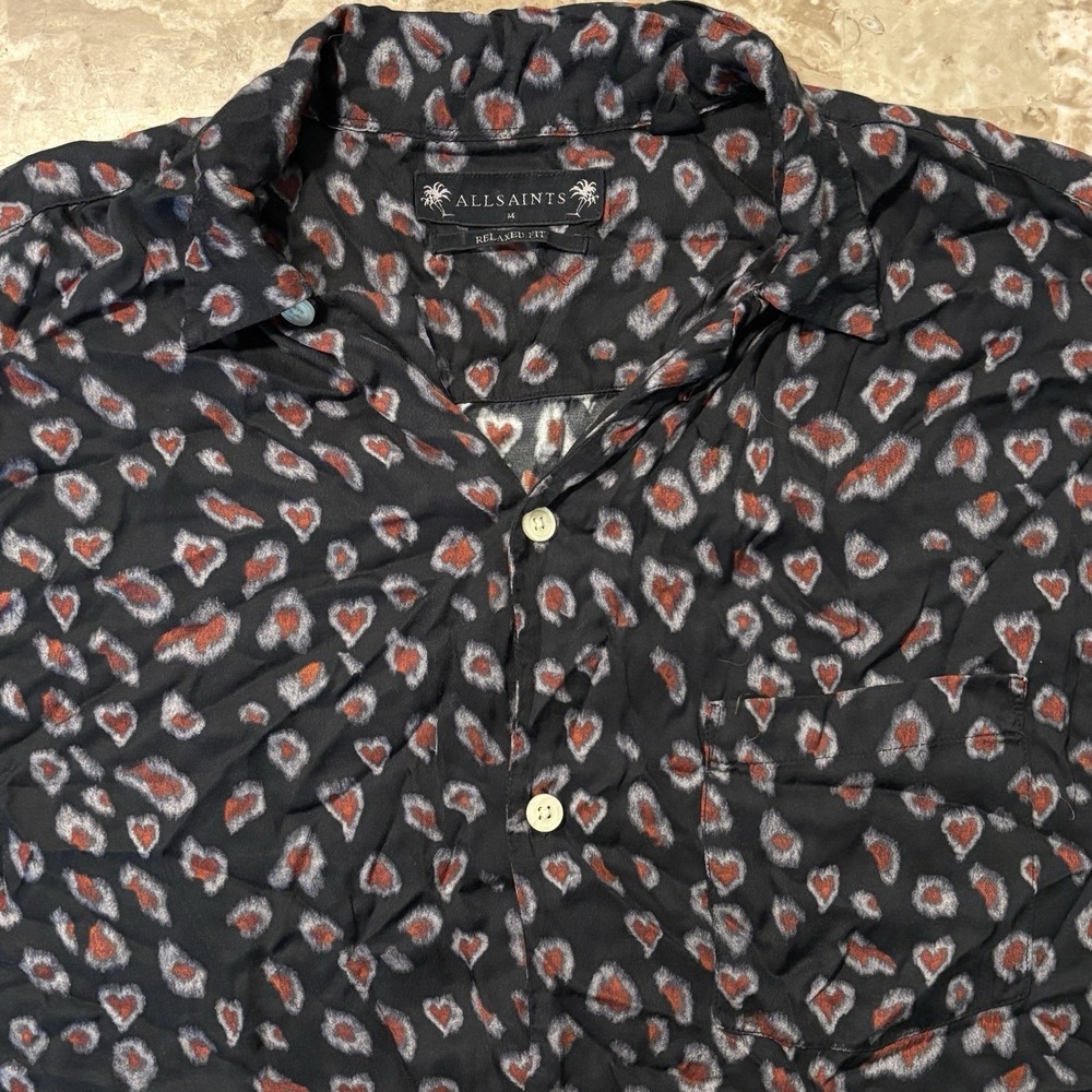 All Saints Hawaiian Shirt Mens Medium Relaxed Black Hearts Romantik Loop Collar